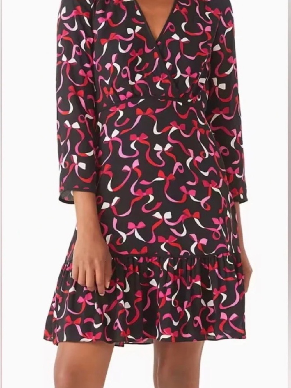 kate spade Black Long Sleeve V-Neck Dress with Pink & Red Ribbon Print